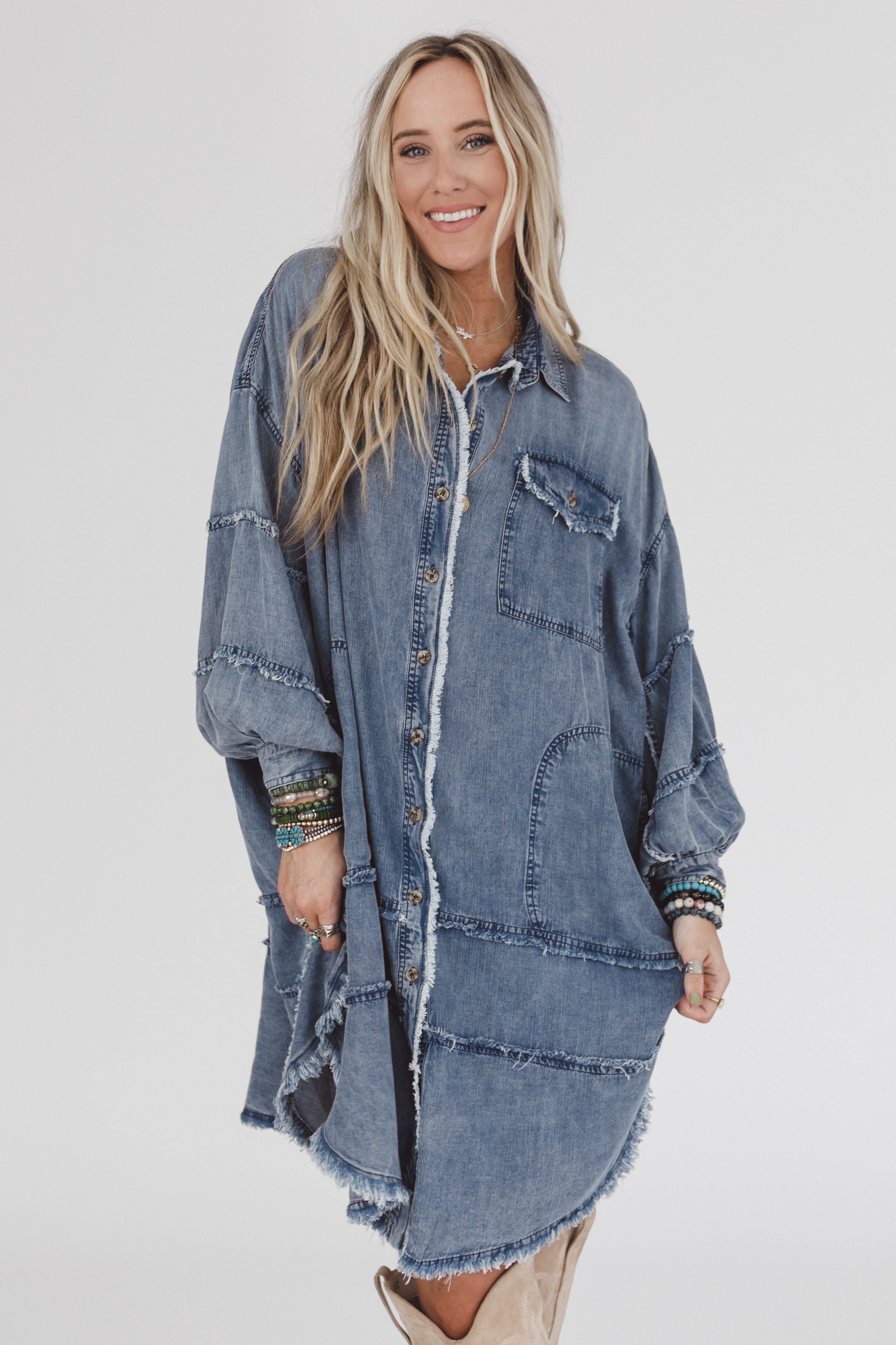 womens dark denim dress Deandra Stretch Maxi Ophelia Oversized Denim Dress -