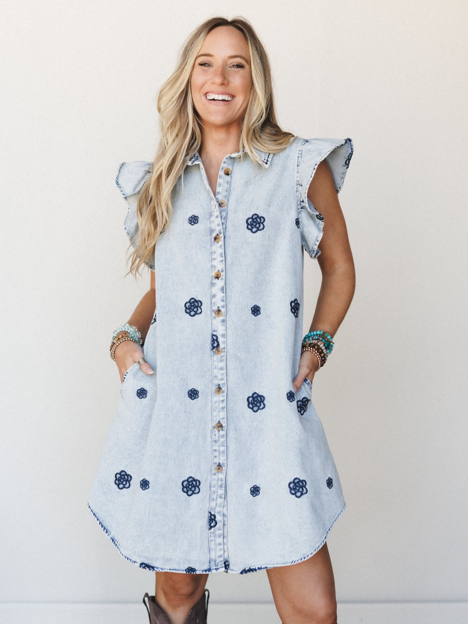 denim embroidered dress Jamie Denim Embroidered Mini Dress Denim / XS by Sugarlips