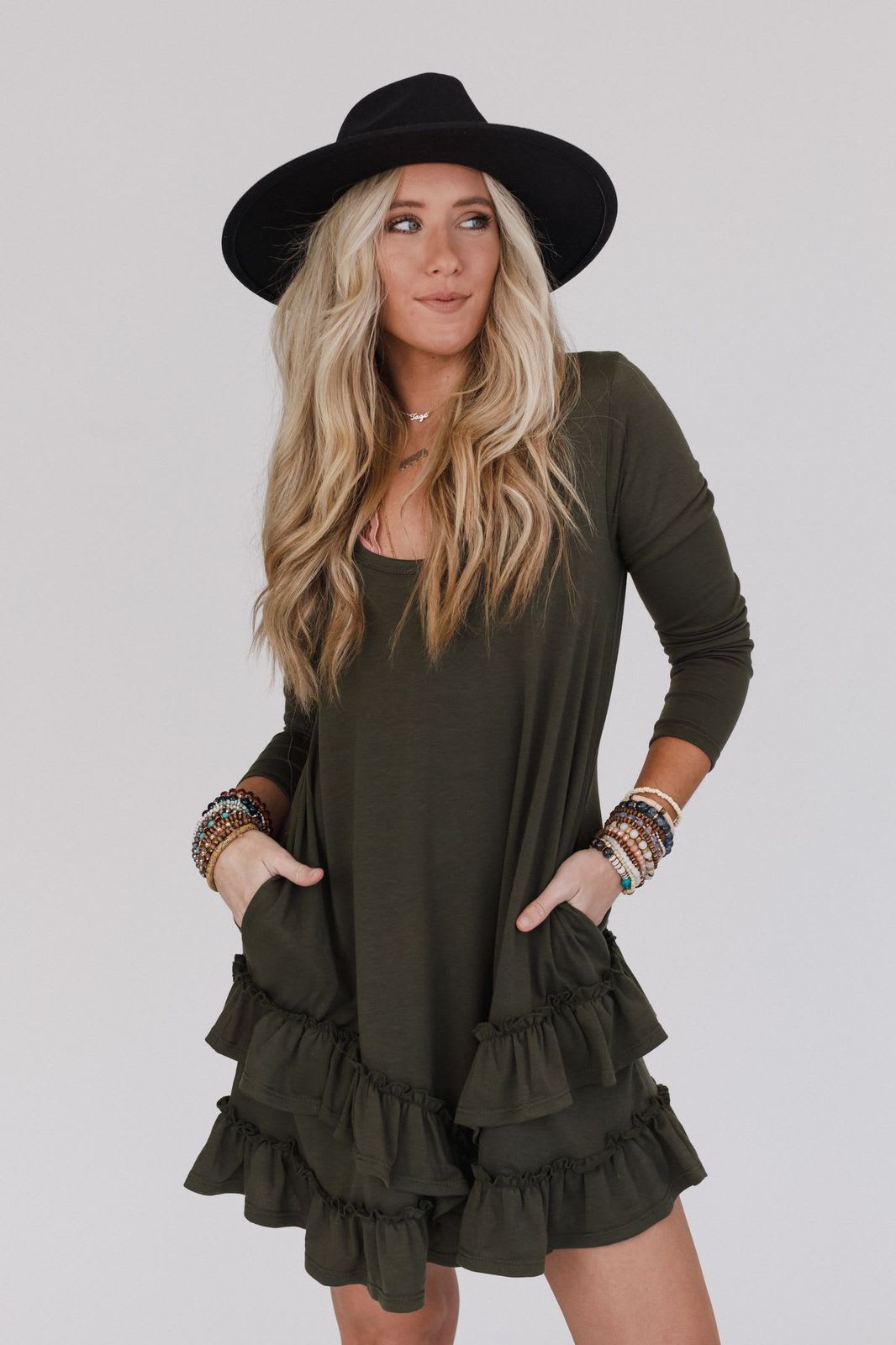 The Nest Constance Ruffle Hem Long Sleeve Dress - Women's Size L, Olive Green - Three Bird Nest The Nest Constance Ruffle Hem Long Sleeve Dress - Women's Size L, Olive Green - Three Bird Nest