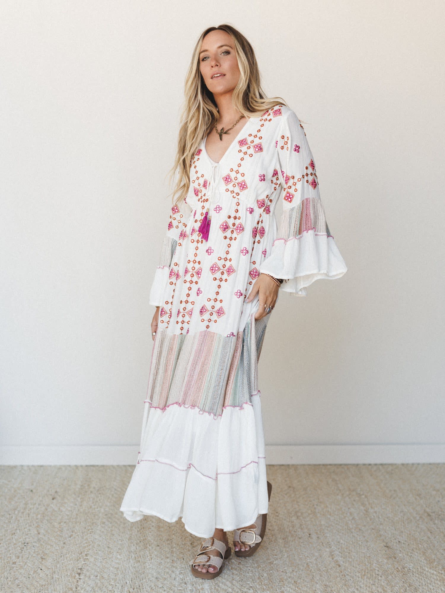 long white flowy boho dress YOGAFOX, Women's Boho Maxi Dress, Large, White, Smocked Side Split