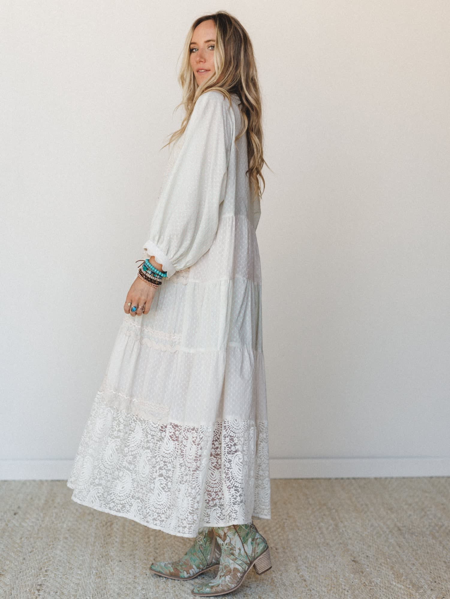 off-white boho glam loopy trim maxi dress The Malibu | White Boho Dress A-Line V-Neck Lace Maxi Dress with Slit