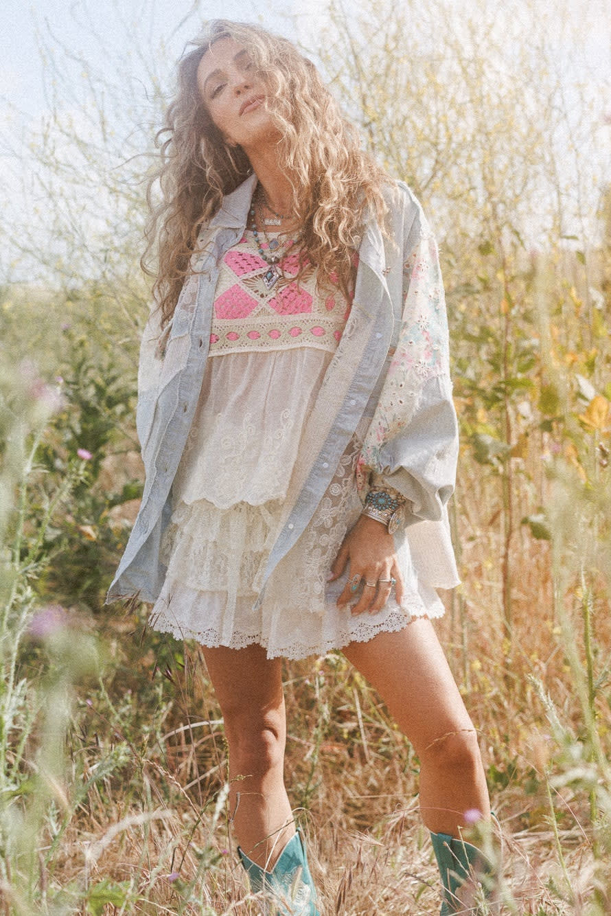 Hopeless Romantic Floral Lace Denim Jacket - Denim POL Clothing Hopeless Romantic Floral Lace Denim Jacket - Denim POL Clothing