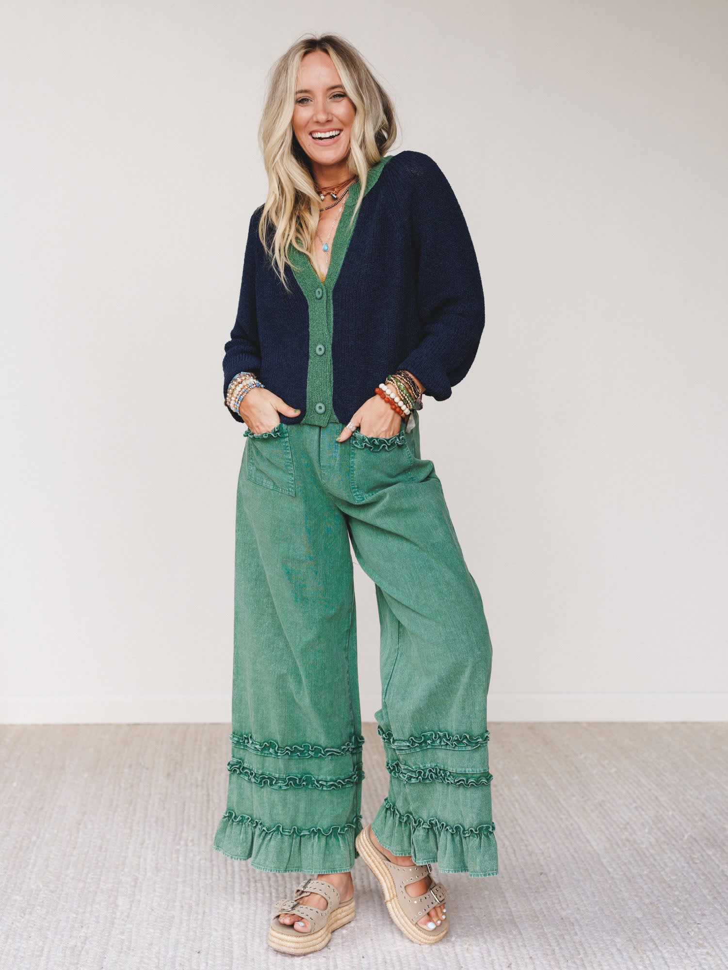 パンツ Frill-trim denim pants Drift Wave Ruffle Wide Leg Pants — Three Bird Nest