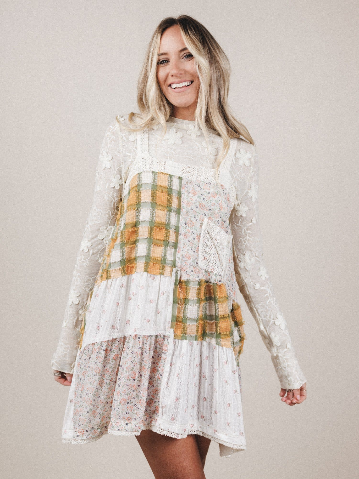 Golden Fields Patchwork Dress - Blue POL Clothing Golden Fields Patchwork Dress - Blue POL Clothing