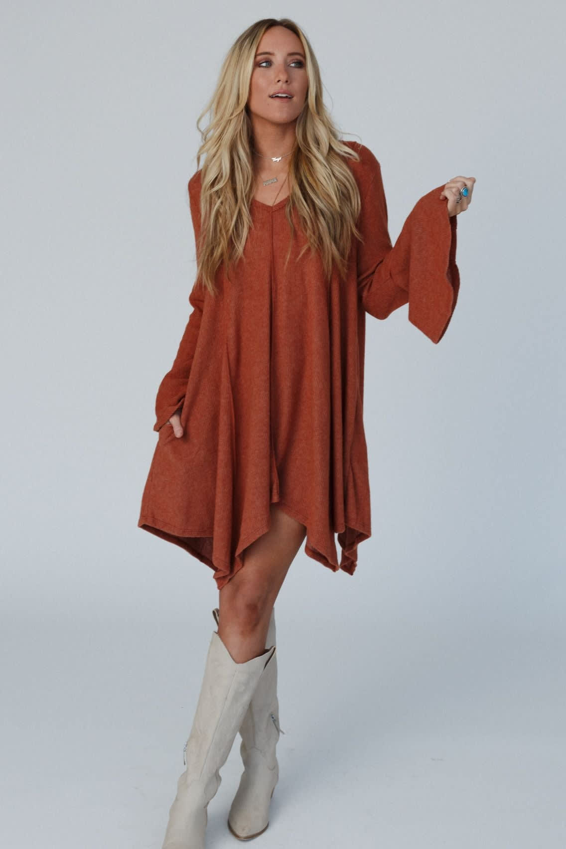 The Nest Golden Hour Long Bell Sleeve Tunic Dress - Rust CY Fashion The Nest Golden Hour Long Bell Sleeve Tunic Dress - Rust CY Fashion