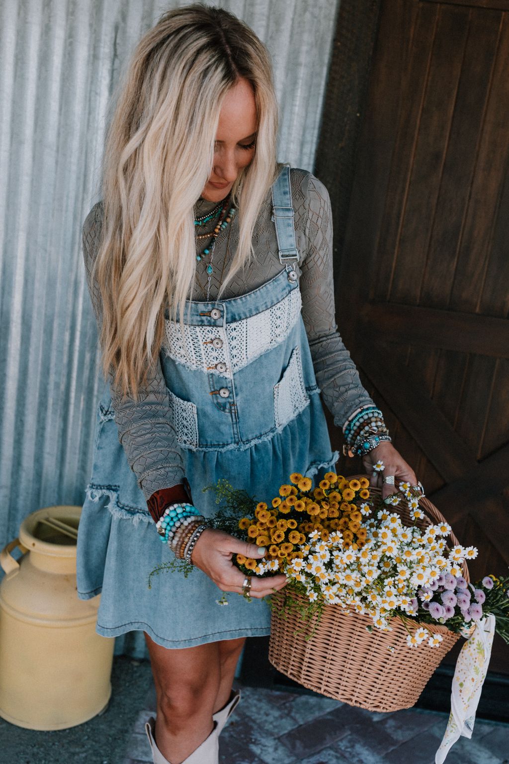 denim dress flowers Placket Indigo Western Floral featuring a sweetheart neckline that beautifully frames the dcolletage Flowerchild - Upcycled Denim Dress