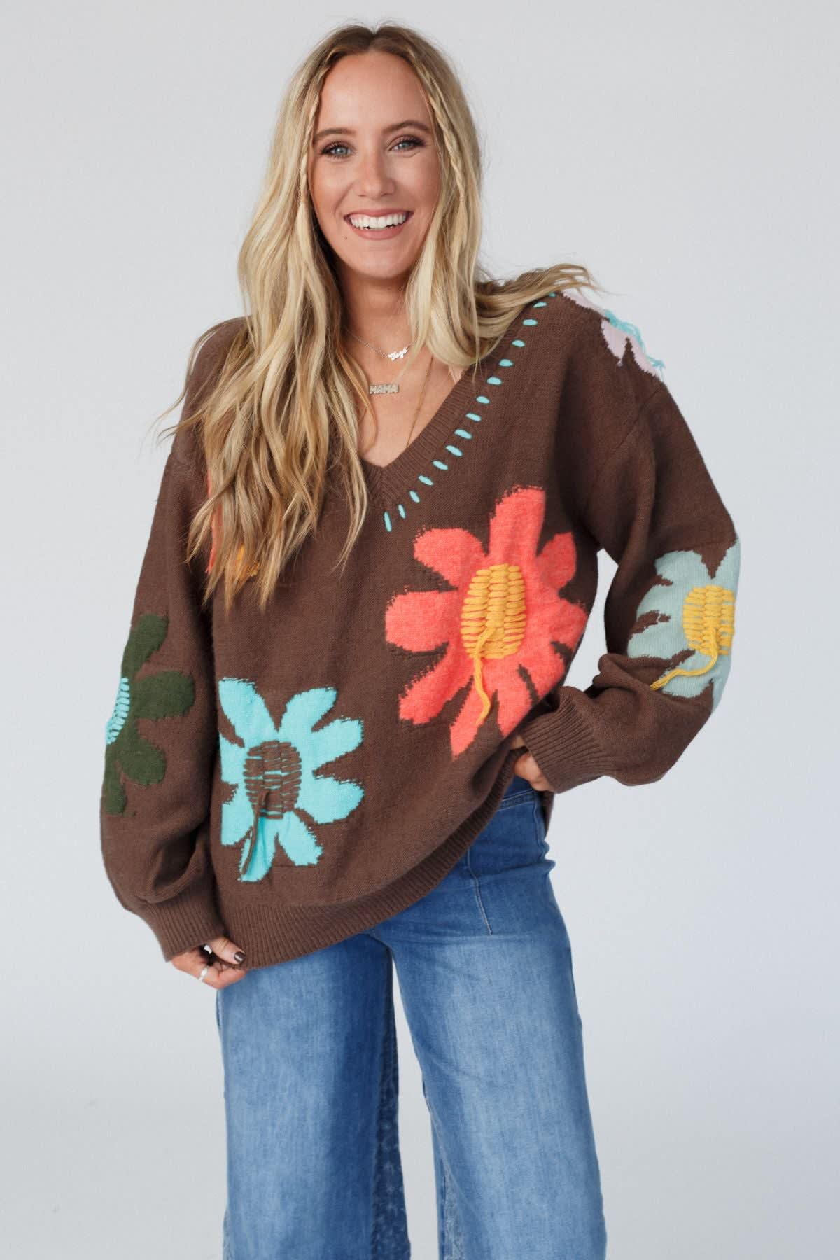 good-mood-flower-print-sweater-brown/Chocolate