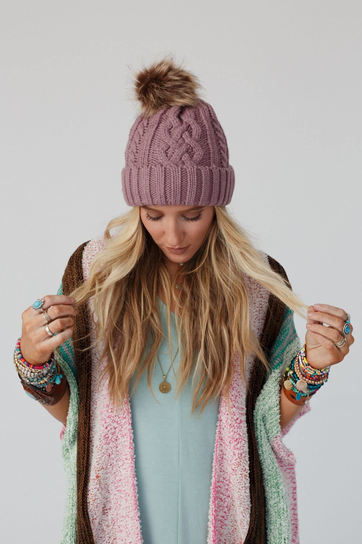 Faux Fur Triple Cable Fur Pom Cable Knit Faux Fur Pom Beanie