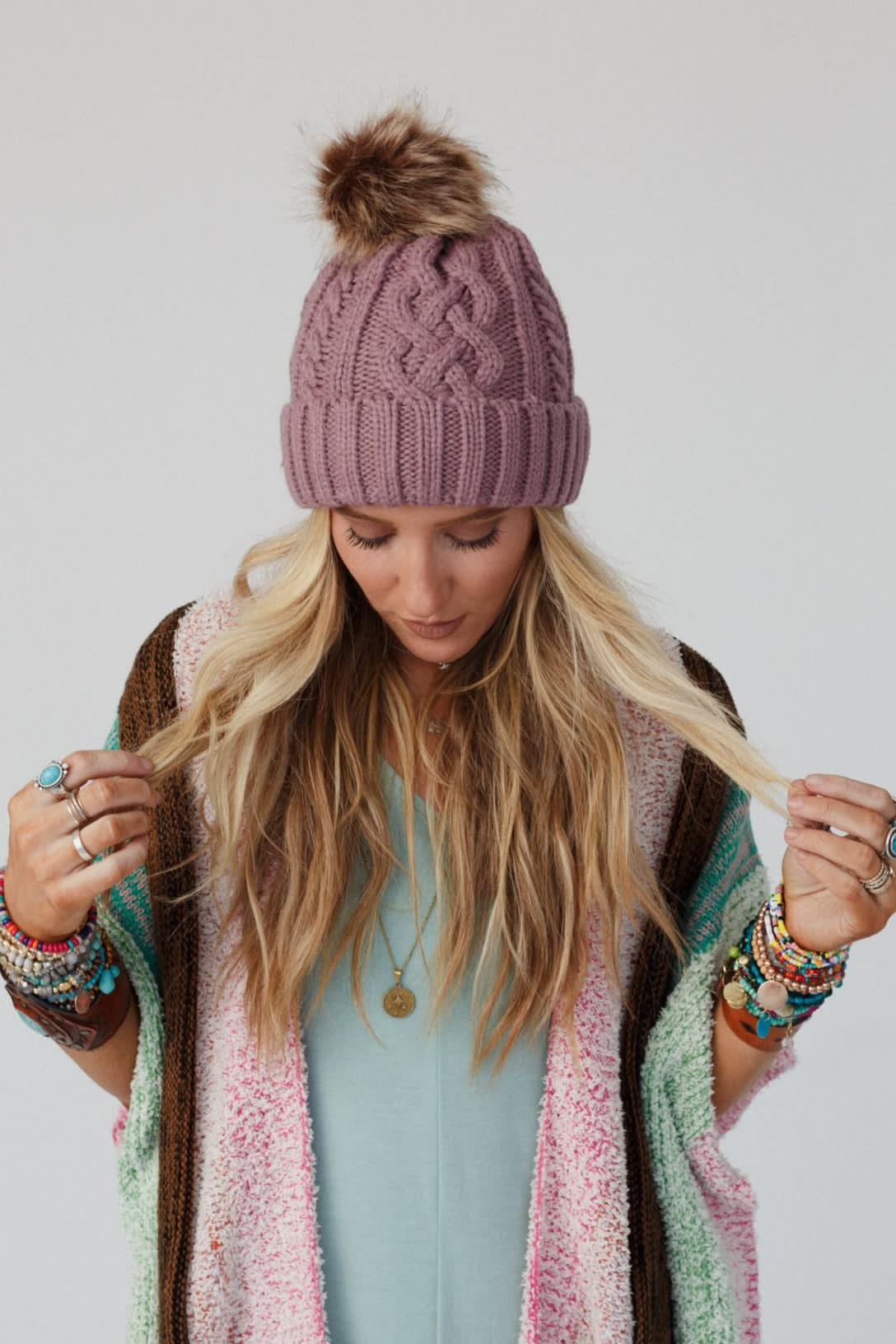 Faux Fur Triple Cable Fur Pom Cable Knit Faux Fur Pom Beanie