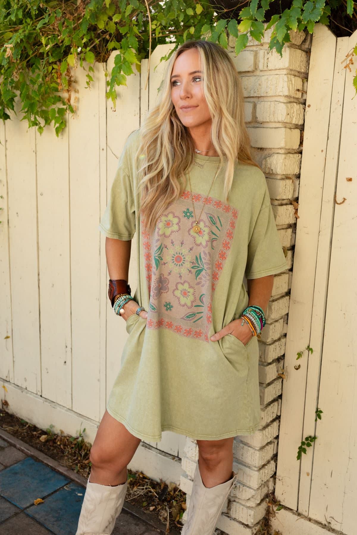 Fall Blossoms Tee Dress - Women's Size L, Sage - Three Bird Nest Fall Blossoms Tee Dress - Women's Size L, Sage - Three Bird Nest