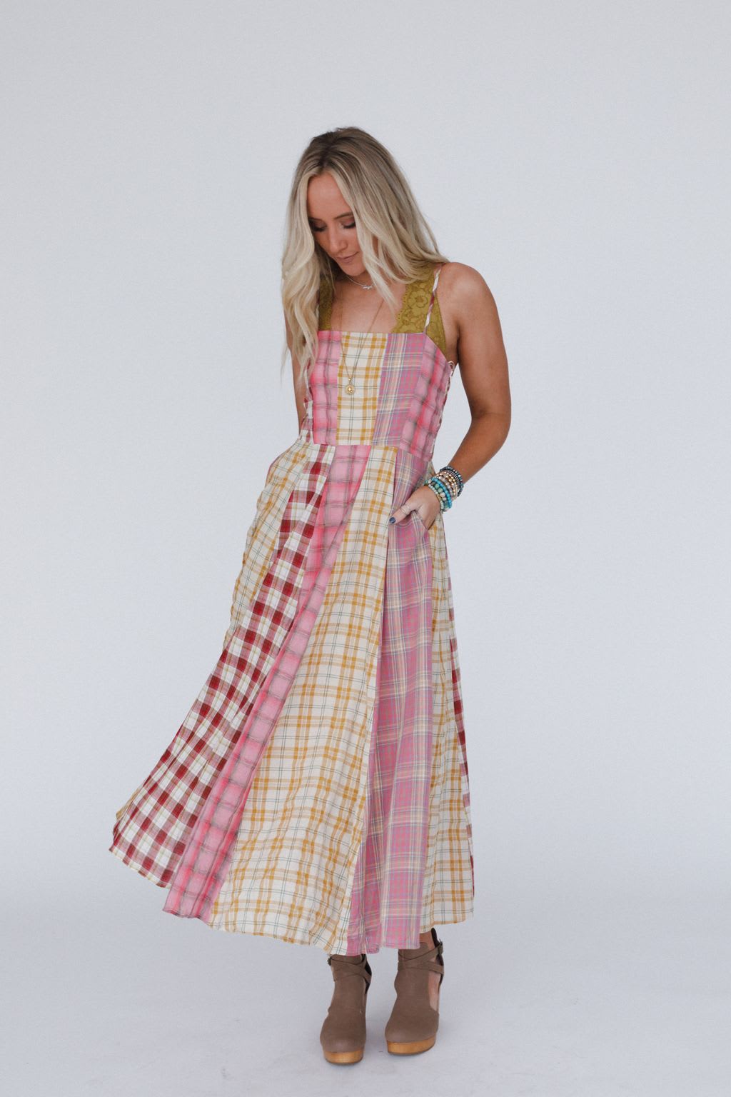 womens pink checkered dress Jenise Pink Plaid Faux-Wrap Midi Dress