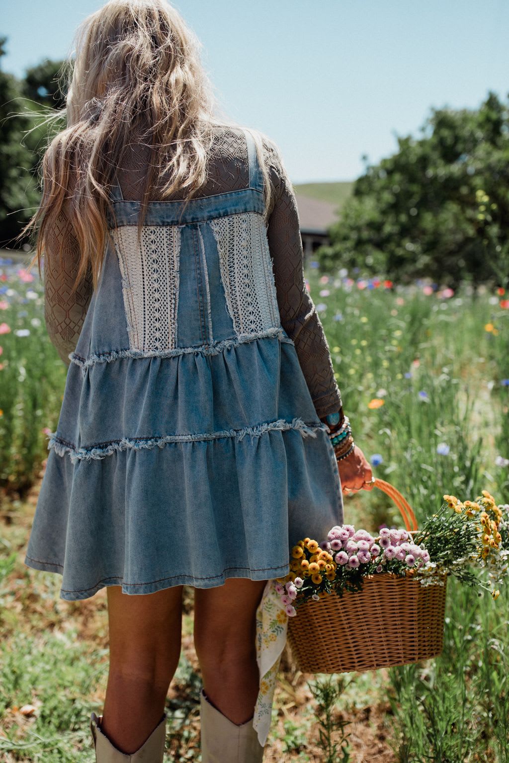 Petal Pockets Crochet Denim Dress - Denim POL Clothing Petal Pockets Crochet Denim Dress - Denim POL Clothing