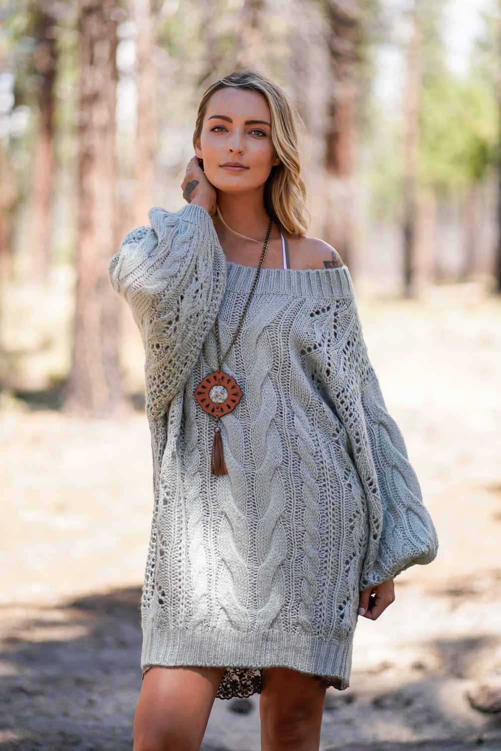 boho sweater dress End of Light Abstract Print Mini in Brown Dress Details Boho turtleneck sweater dress Cozy turtleneck design Pullover style Long sleeves Empire waistline A Cable Knit Sweater Dress |