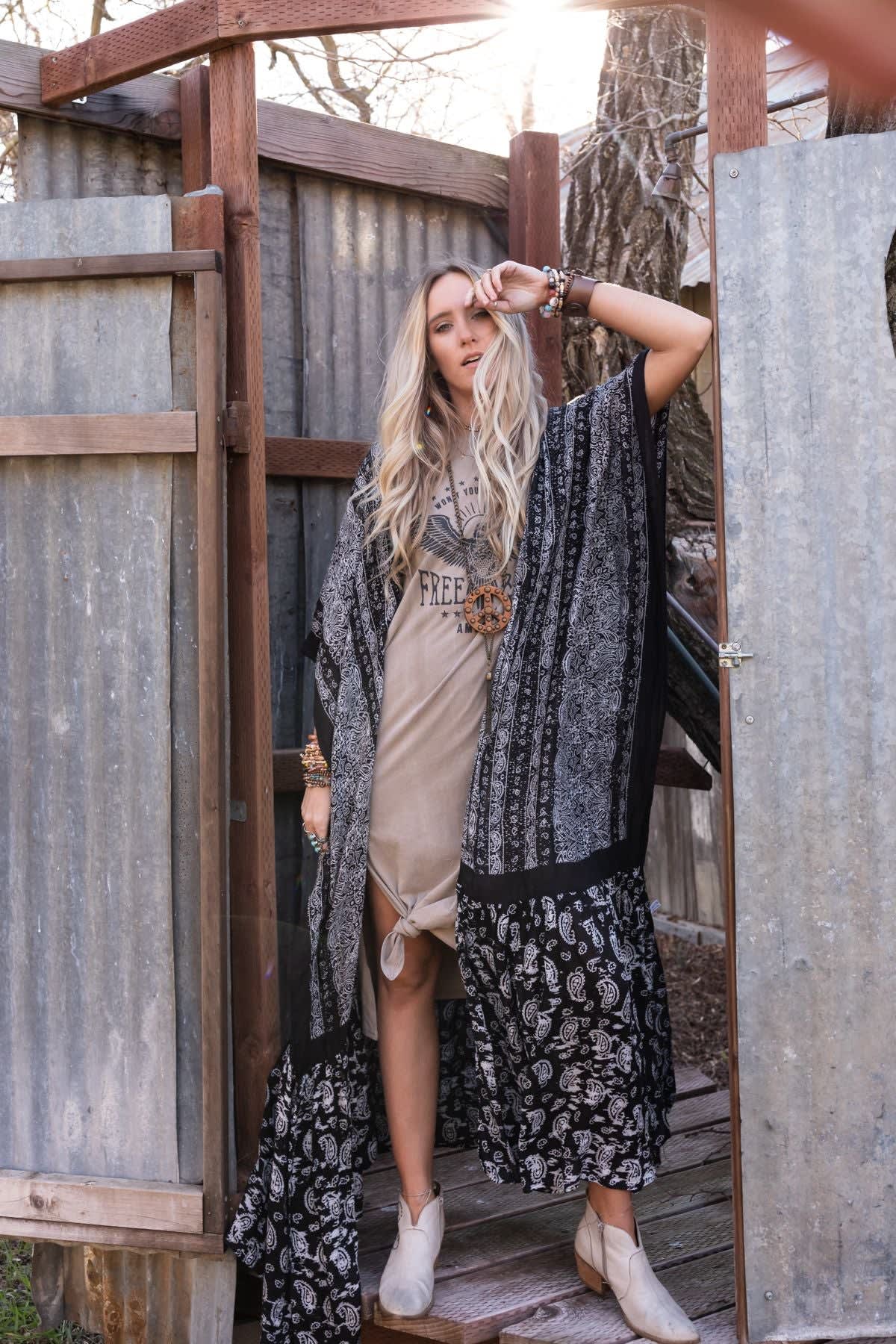 Paisley Tapestry Free Flow Duster Kimono - Women's, Black - Three Bird Nest Paisley Tapestry Free Flow Duster Kimono - Women's, Black - Three Bird Nest