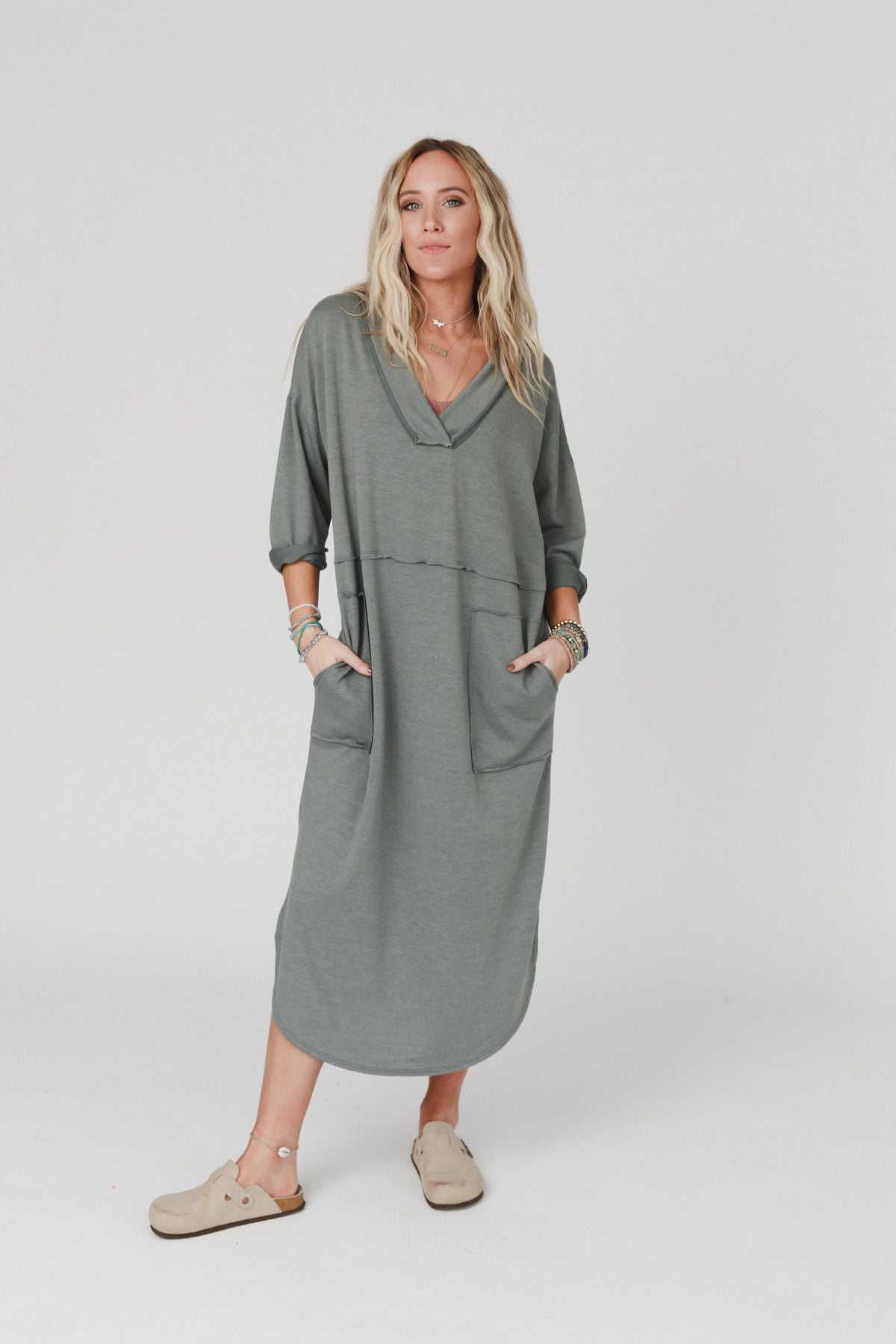 olive long sleeve dress Sloane Satin Maxi very fitted at natural waist Valencia Dress in Olive Viscose