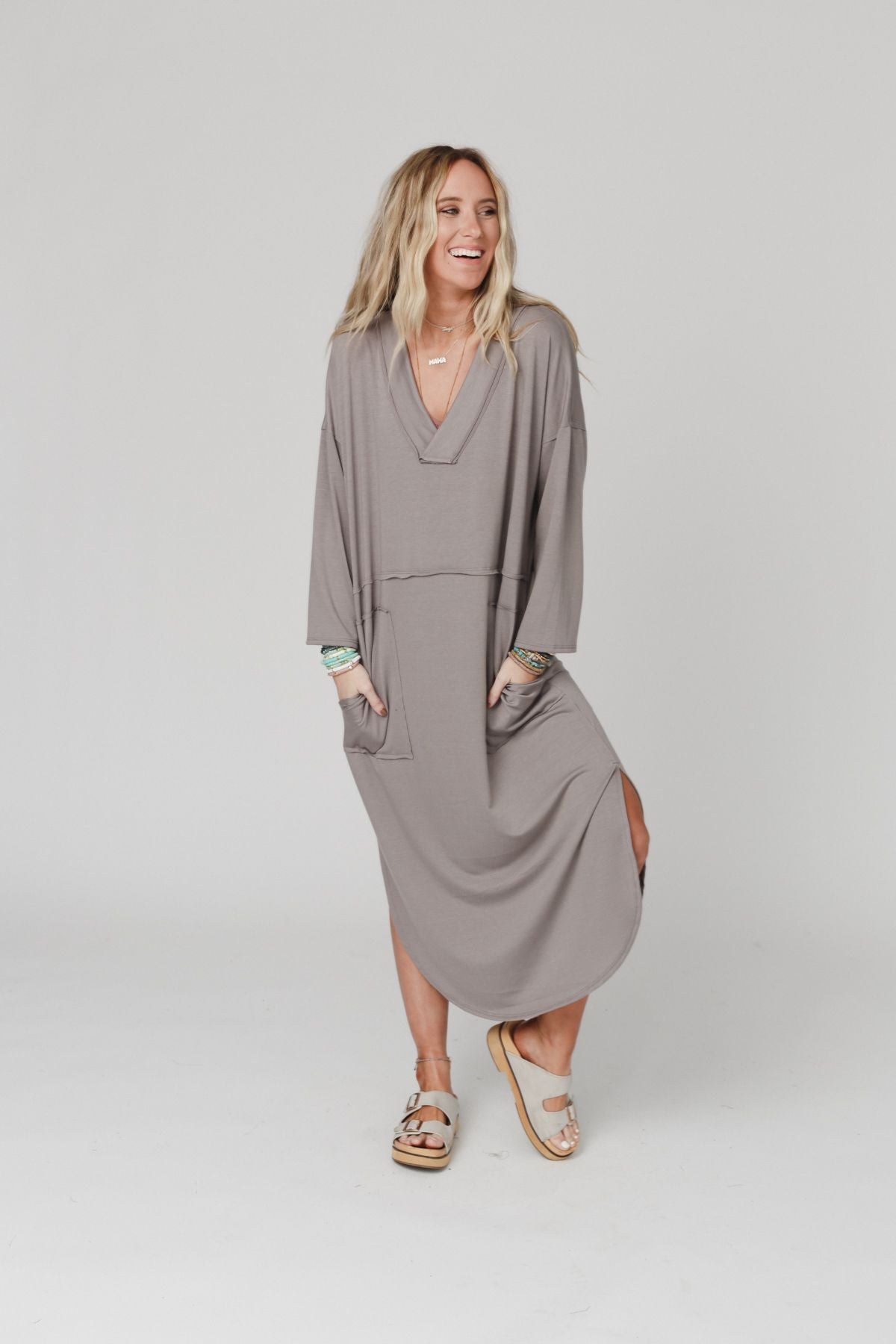 women long sleeve maxi dresses Draped Dress Brown Draped lines Louanne Slinky Long Sleeve Maxi