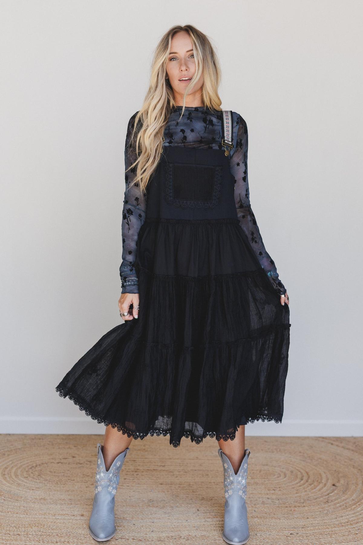 overall dress black Denim Purchase the set or blouse and receive a matching bow tie Harvest Haze Overalls Dress -