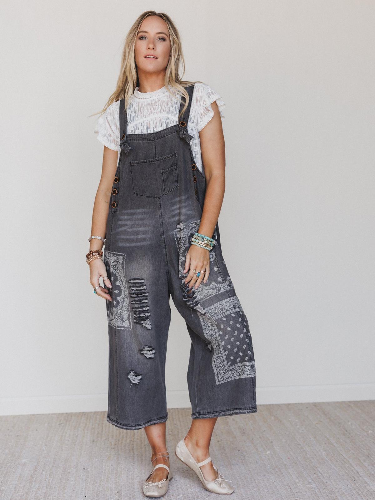 High Hopes Slouchy Denim Overalls - Black Bandana – Easel