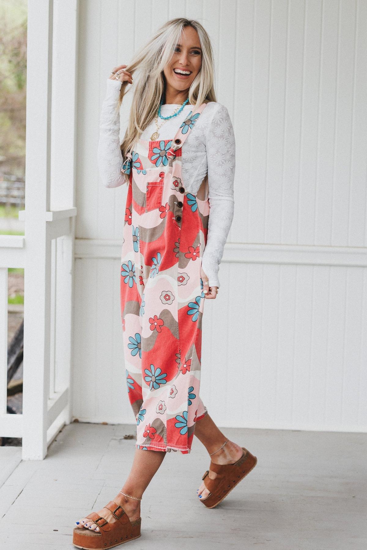 High Hopes Slouchy Denim Overalls - Mocha Flower – Easel
