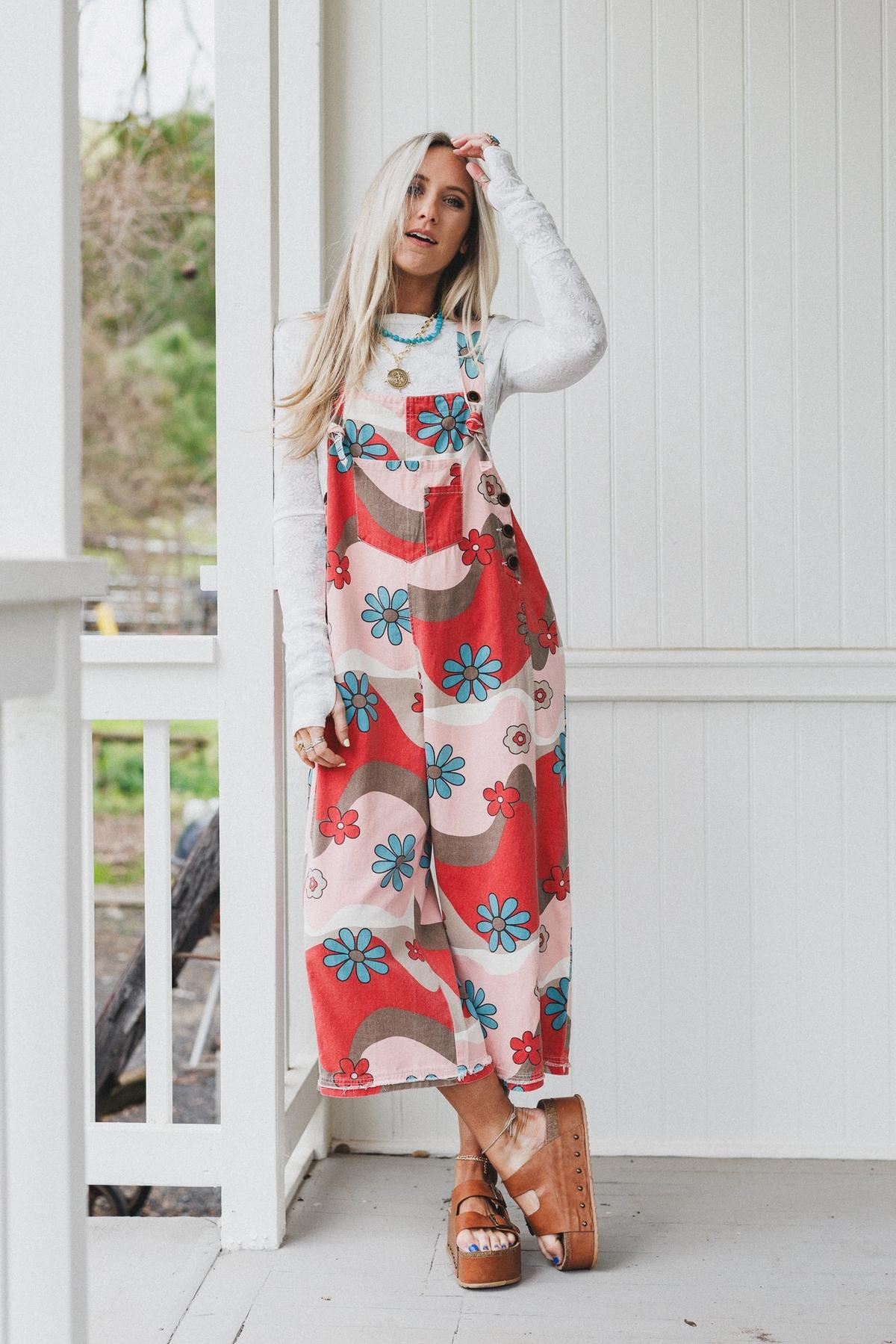 High Hopes Slouchy Denim Overalls - Mocha Flower – Easel