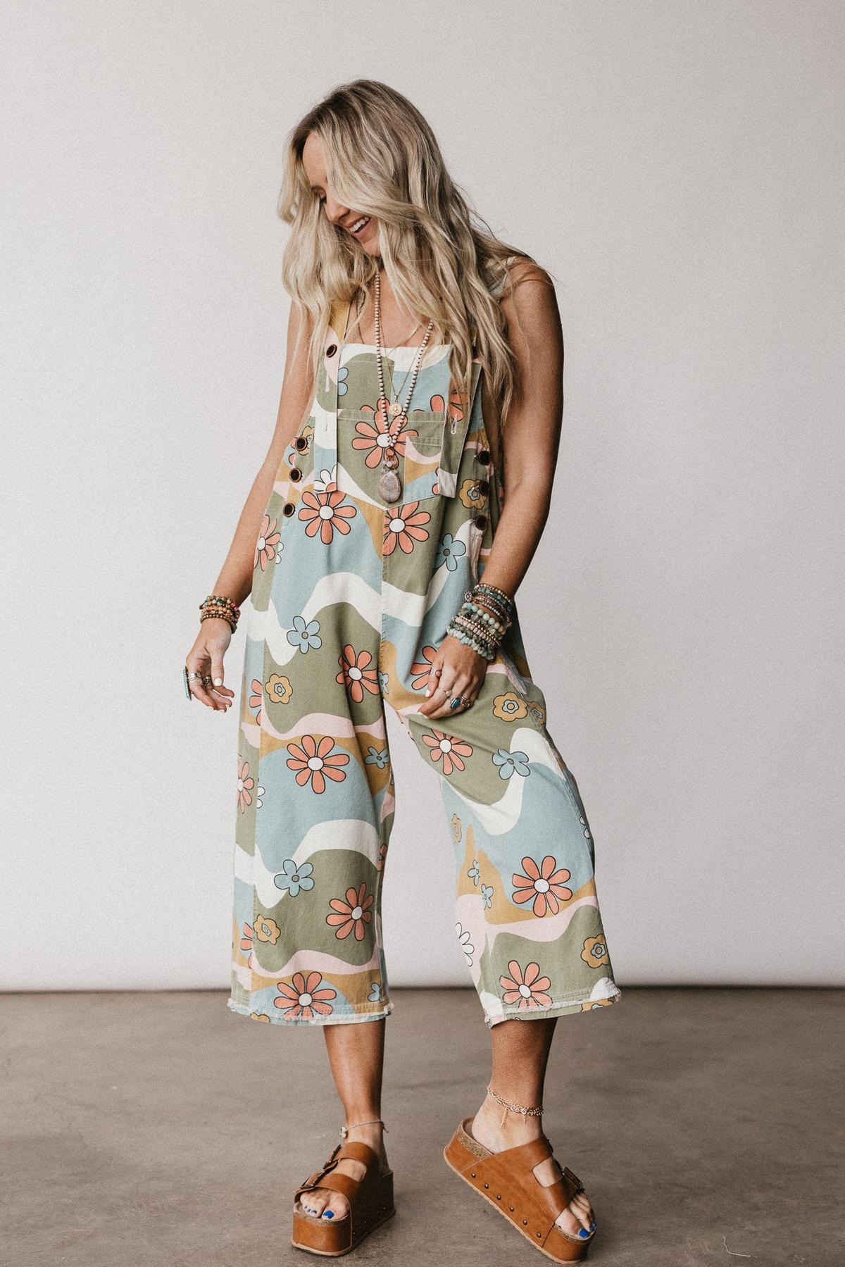 Olive flower slouchy denim overalls styled for fall
