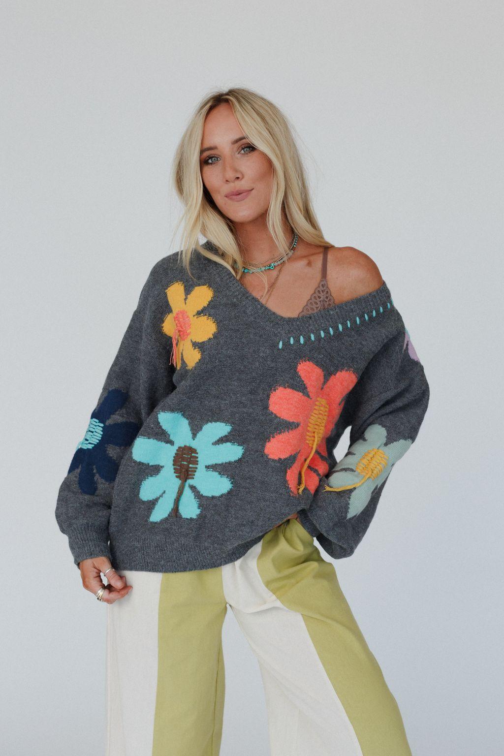 Good Mood Flower Print Sweater - Charcoal – POL Clothing