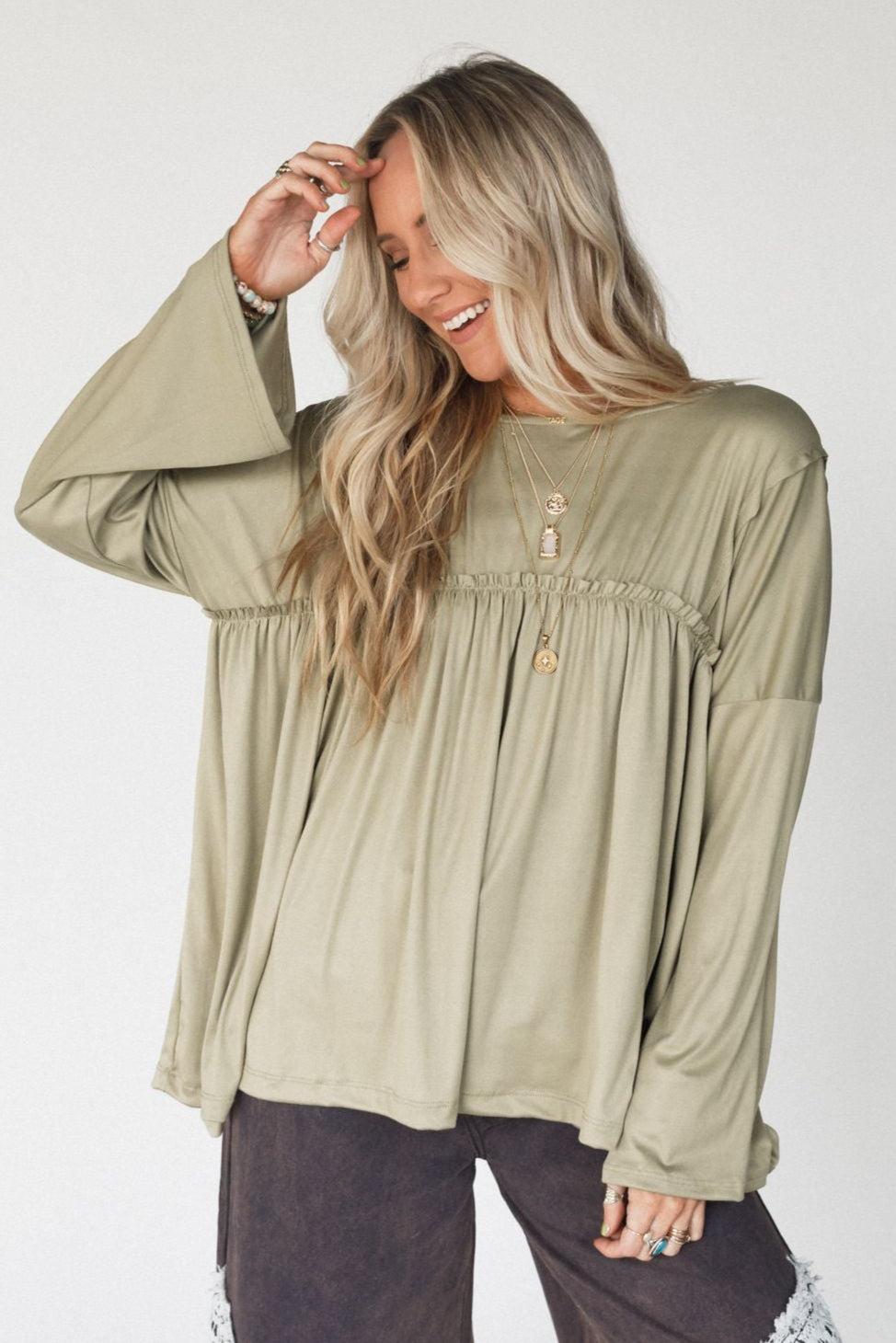 Solid Serenity Long Sleeve Babydoll Top - Olive