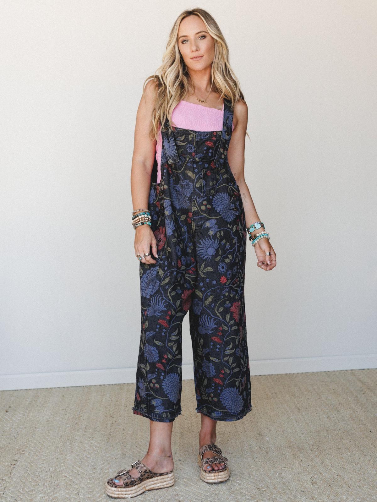 High Hopes Slouchy Denim Overalls - Floral Black