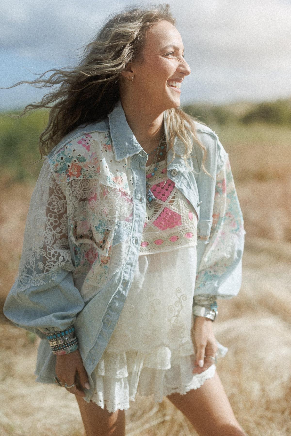 モネピネ　lace docking design denim jacket Hopeless Romantic Floral Lace Denim Jacket - Denim – POL Clothing