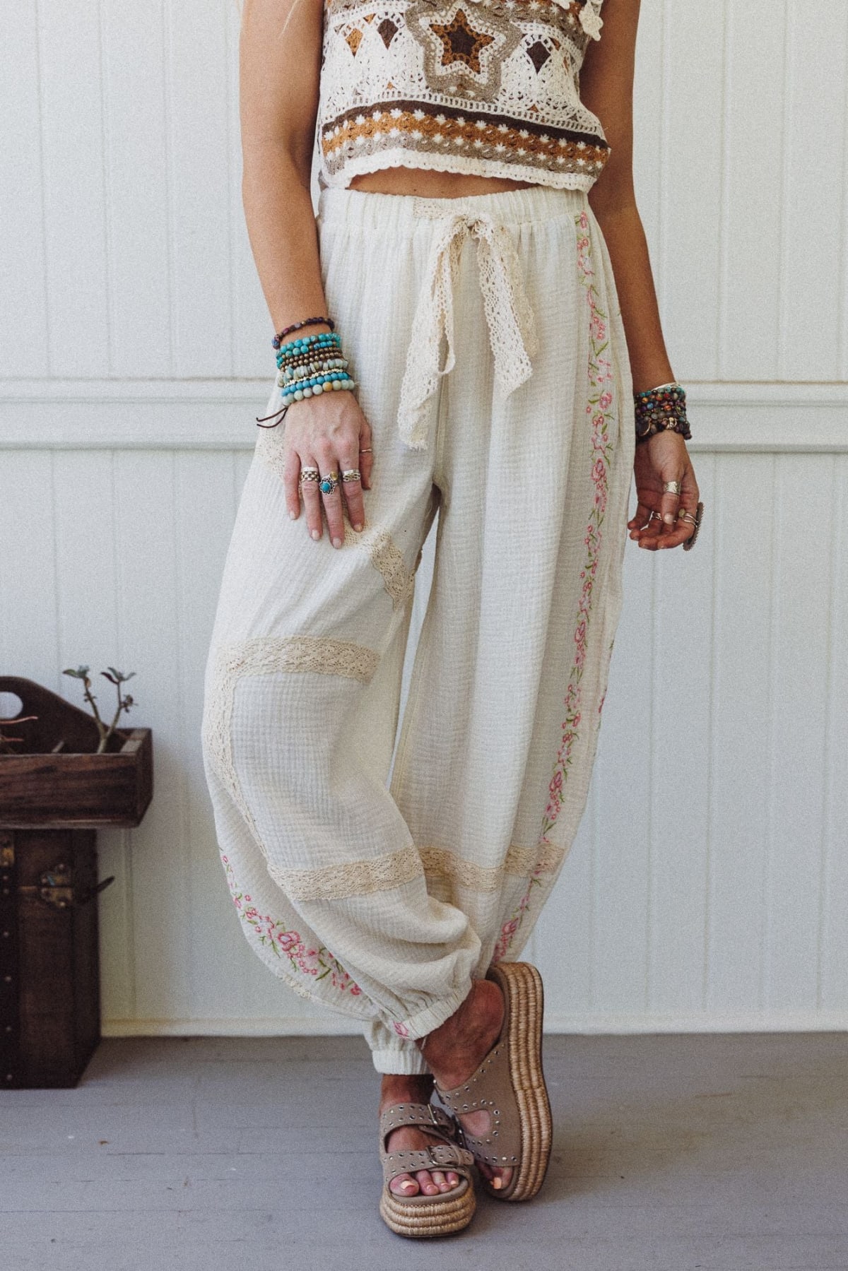 Floral Drift Embroidered Pants — Three Bird Nest