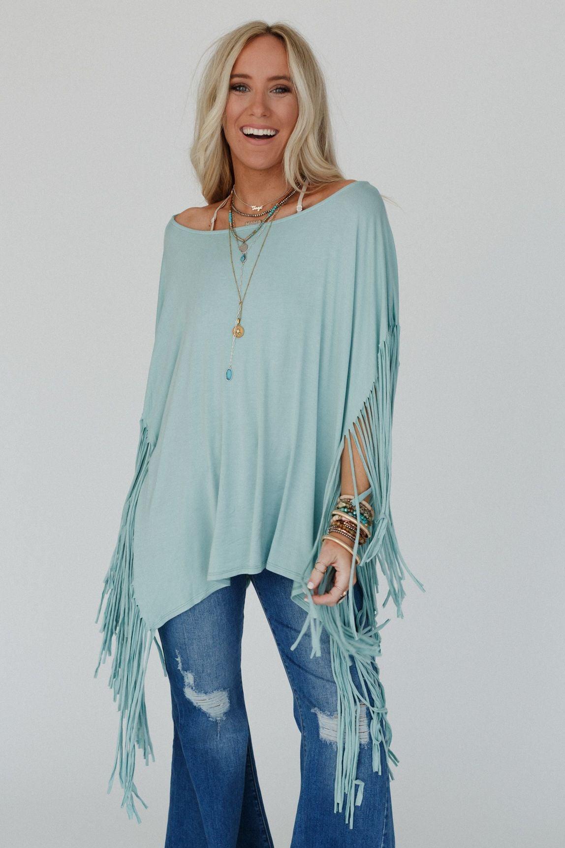 The Nest Showstopper Fringe Top - Washed Seafoam – CY Fashion
