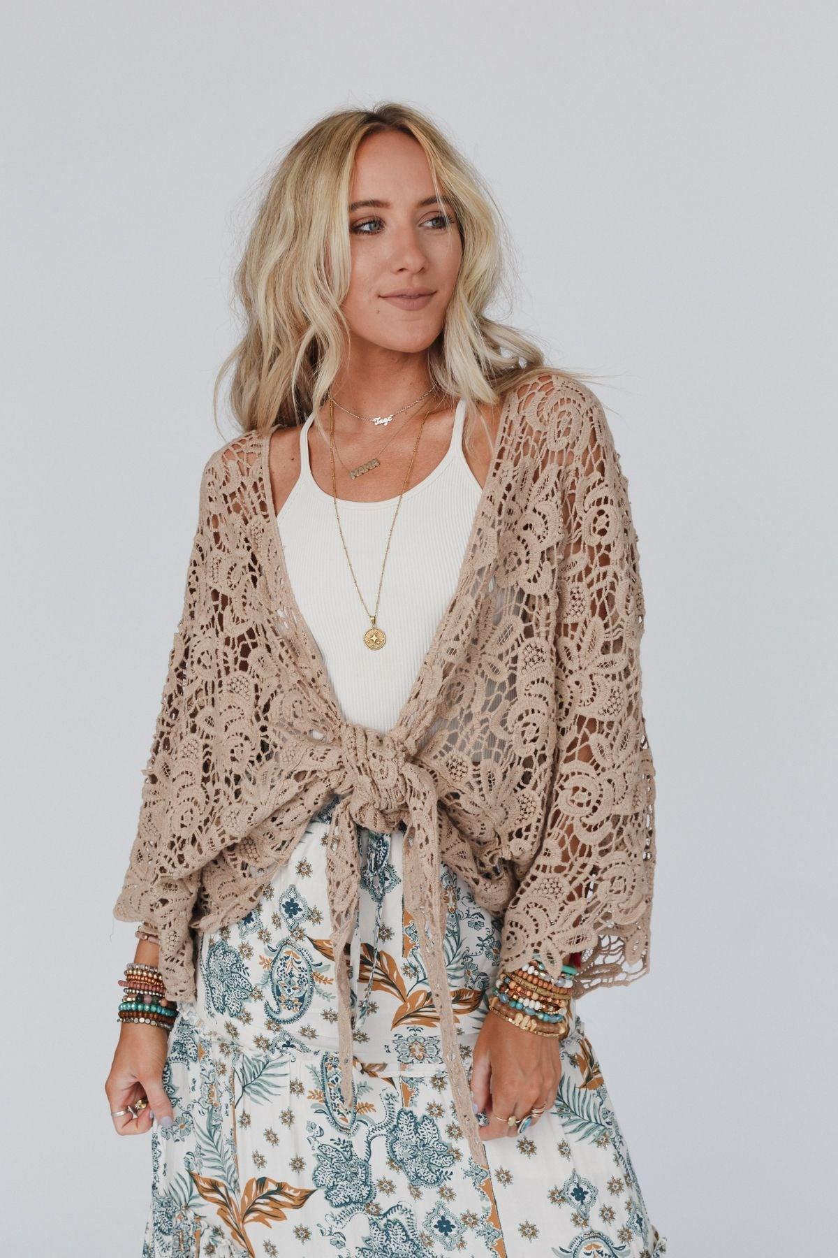 Crochet Petal Kimono Wrap - Mocha – Leto Accessories
