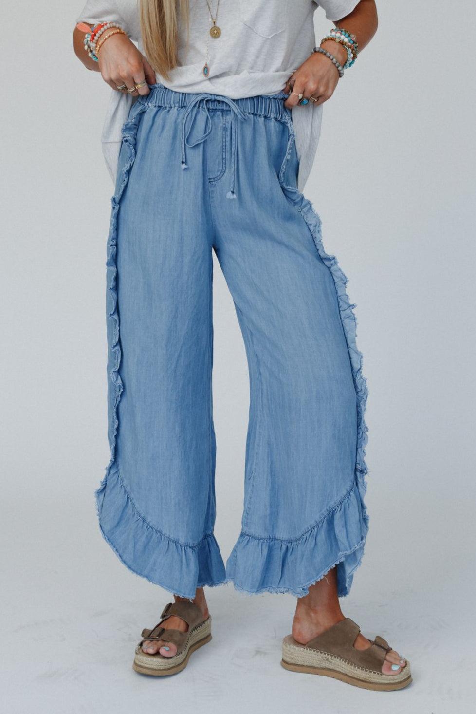 Drift Wave Ruffle Wide Leg Pants - Light Denim – Easel