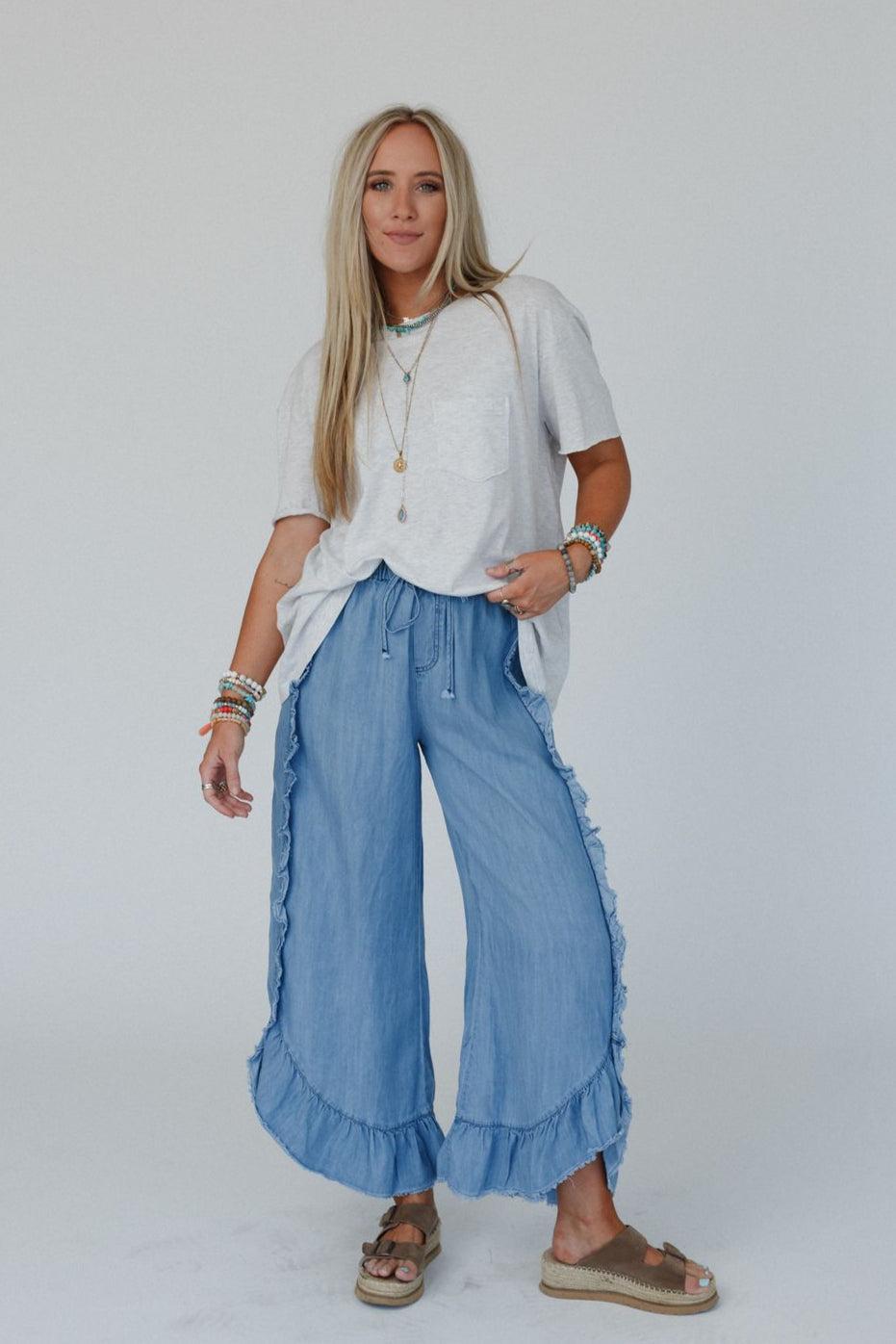 Drift Wave Ruffle Wide Leg Pants - Light Denim – Easel