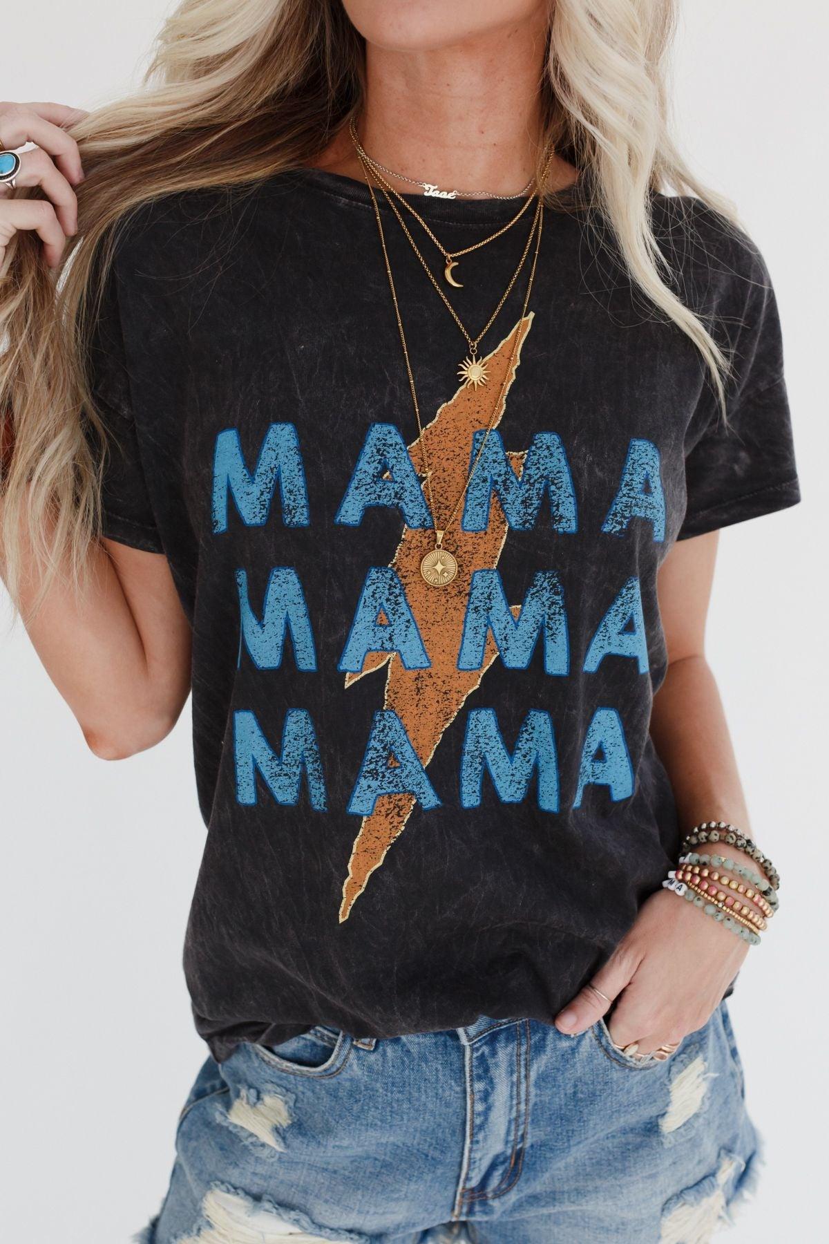 Thunder Mama Vintage Graphic Tee in charcoal with distressed lettering and a lightning bolt graphic