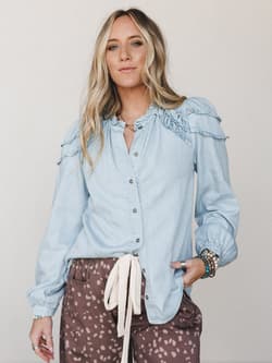 Ruffle Button Down Denim Top