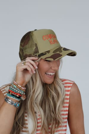 not-your-cowboy-trucker-hat-olive-camo/Olive Camo