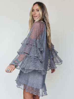 Rana Bell Lace Sleeve Dress - Grey L / Grey