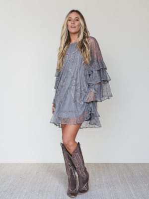 Rana Bell Lace Sleeve Dress - Grey L / Grey