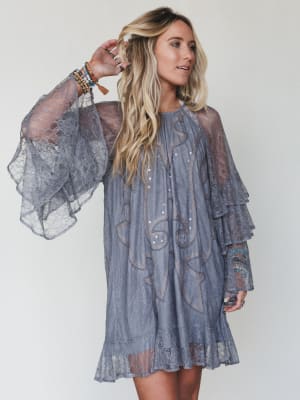 Rana Bell Lace Sleeve Dress - Grey L / Grey