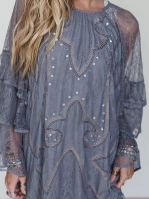 Rana Bell Lace Sleeve Dress - Grey L / Grey