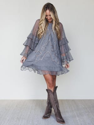 Rana Bell Lace Sleeve Dress - Grey L / Grey