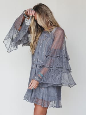 Rana Bell Lace Sleeve Dress - Grey L / Grey