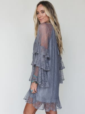 Rana Bell Lace Sleeve Dress - Grey L / Grey