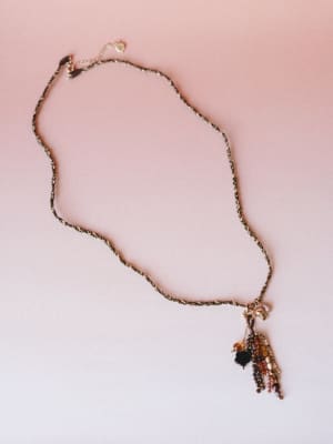 A delicate twisted rope chain necklace laid flat against a soft blush-to-white gradient background, anchored by a trailing cluster of mixed brown and black beads that cascade like a little jellyfish.