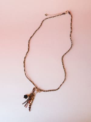 A delicate twisted chain necklace laid flat on a blush pink surface, its pendant a playful cluster of earth-toned seed beads trailing downward like fringe — earthy, a little whimsical, the kind of piece you forget you're wearing until someone asks ab