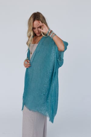 mikka-sequin-frayed-trim-kimono-teal/Teal