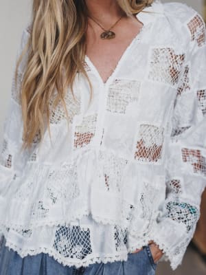 Eyelet Garden Bell Sleeve Blouse - Cream L / Cream