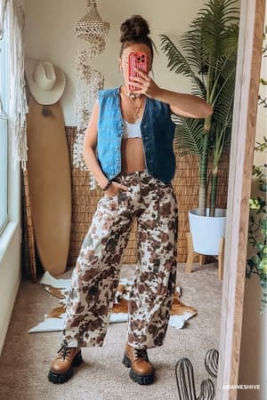 Belle Cow Print Barrel Jeans: undefined