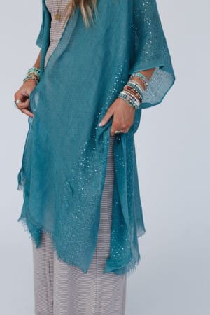 mikka-sequin-frayed-trim-kimono-teal/Teal